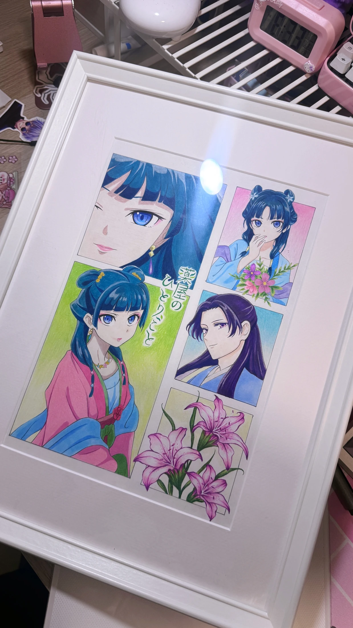 Ilustración enmarcada con varios retratos de personajes de anime a color