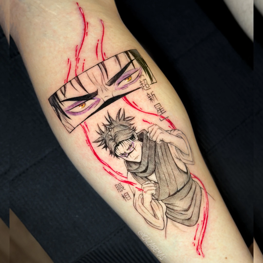Tatuaje de manga con panel de ojos y trazos rojos